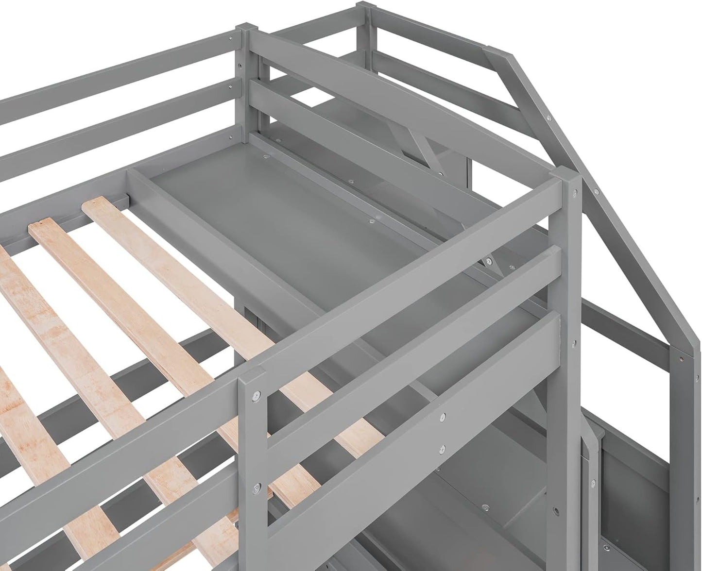 Triple Bunk Bed with Stairs, Twin over Twin & Twin Bunk Bed for 3, Triple Bunk Bed with Drawers, Staircase with Storage, Built-In Shelves, for Kids Teens Adults (Gray)-4