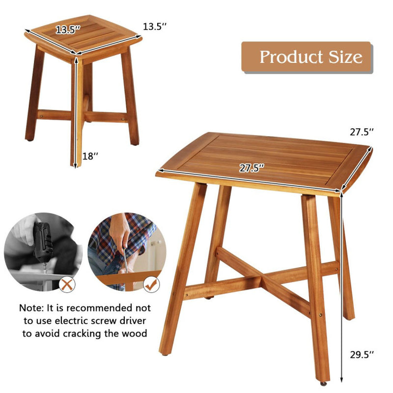 5 Pieces Wood Patio Dining Set with Square Table and 4 Stools-4