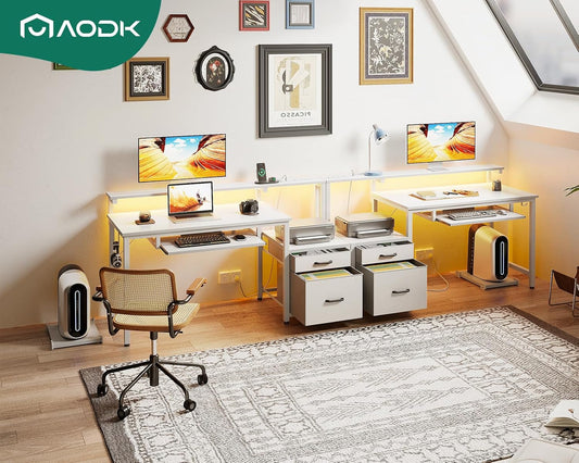 48" Computer Desk with Fabric File Cabinet and Drawer, Reversible Office Desk with Power Outlet and LED Light, Study Desk with Printer Stand, Keyboard Tray, Full Monitor Riser and PC Stand, White-1