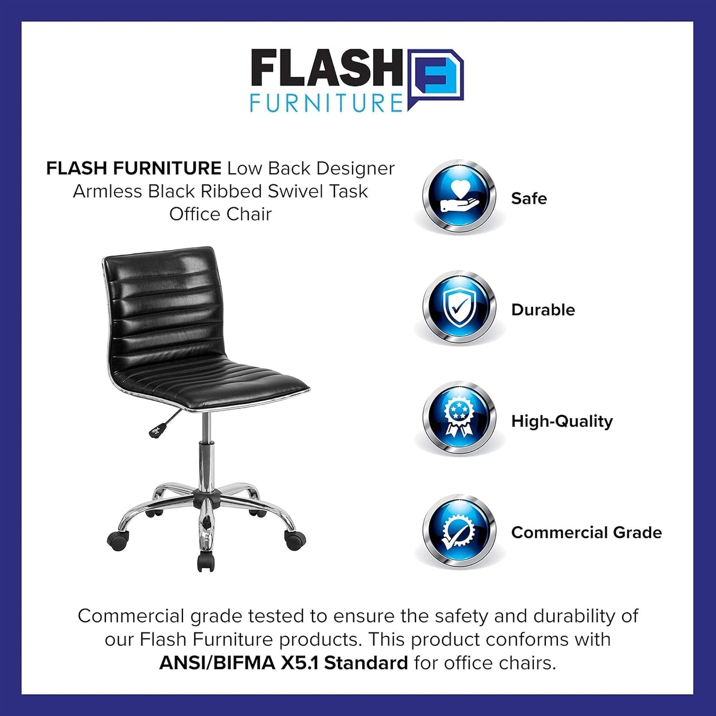 Alan Low Back Designer Armless Black Ribbed Swivel Task Office Chair-3