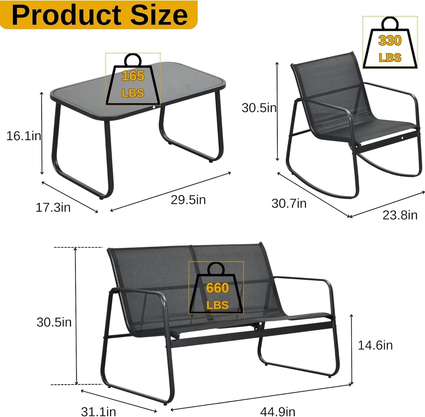 4-Piece Patio Furniture Set, Textilene Conversation Set with 2 Rocking Chairs and Tempered Glass Coffee Table, Perfect for Indoor Patio Lawn Garden Poolside, Black-2