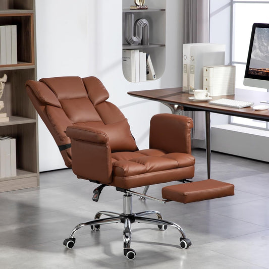 Executive Office Chair with Footrest and Lumbar Support, PU Leather Ergonomic Office Desk Chair, Reclining and Swivel Chair, Brown-1