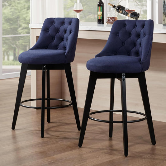 Bar Stools Set of 2, Swivel Barstools with Backs and Wood Legs, 27" Linen Fabric Upholstered Bar Chairs for Kitchen Island, Dining, Cafe, Pub(Blue)-1