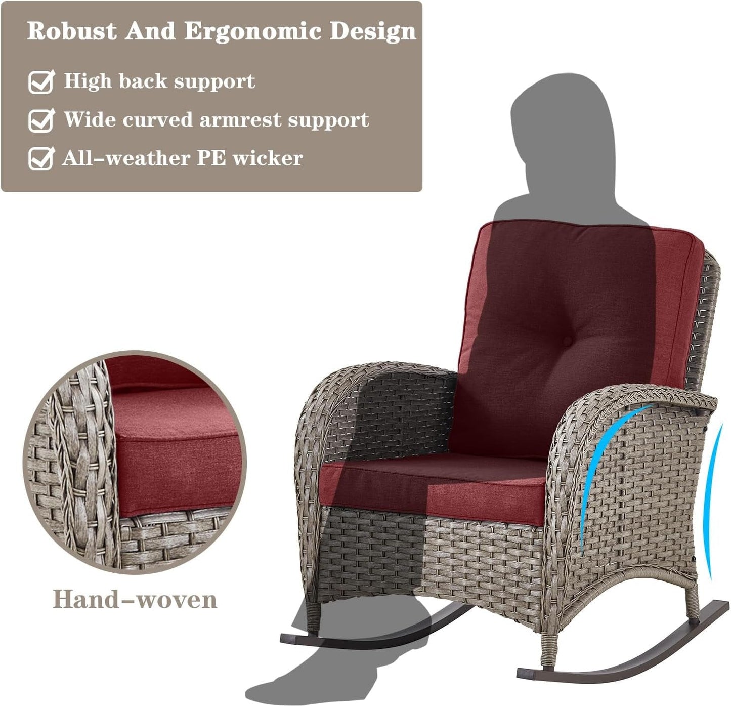 5 Piece Patio Rocking Chairs Furniture Set - Outdoor Wicker Furniture with Ottomans and Side Table, Rattan Conversation Bistro Set for Porch Balcony Backyard-4