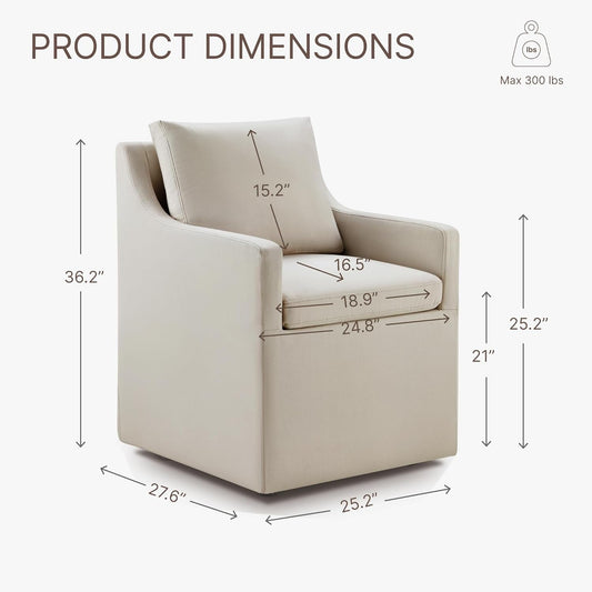 Upholstered Dining Chair with Casters Washable Cover Side Deskchair with Rollers for Diningroom Living Room,Set of 2,Flax Beige-1