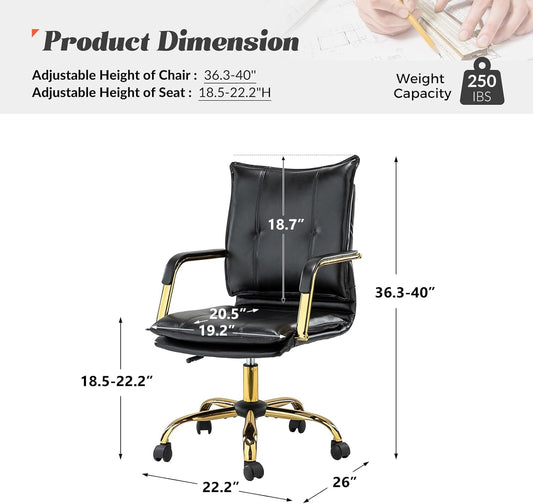 Faux Leather Home Office Desk Chair, Adjustable Swivel Computer Chair with Golden Legs and Arms, Comfy Upholstered Task Chair, Black-1