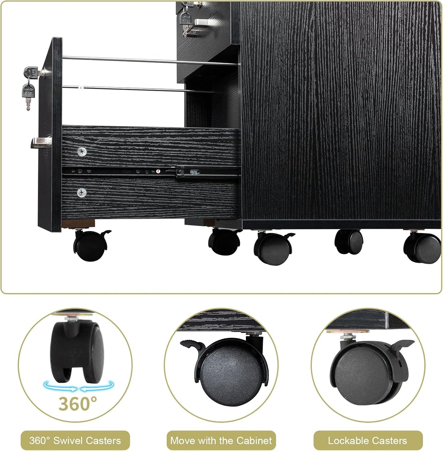 26" H 3 Drawer File Cabinet with Lock, Rolling File Cabinet under Desk, Mobile File Cabinets for Home Office, Wood Black File Cabinet Printer Stand for Letter Size Hanging/Manila File Folders-4
