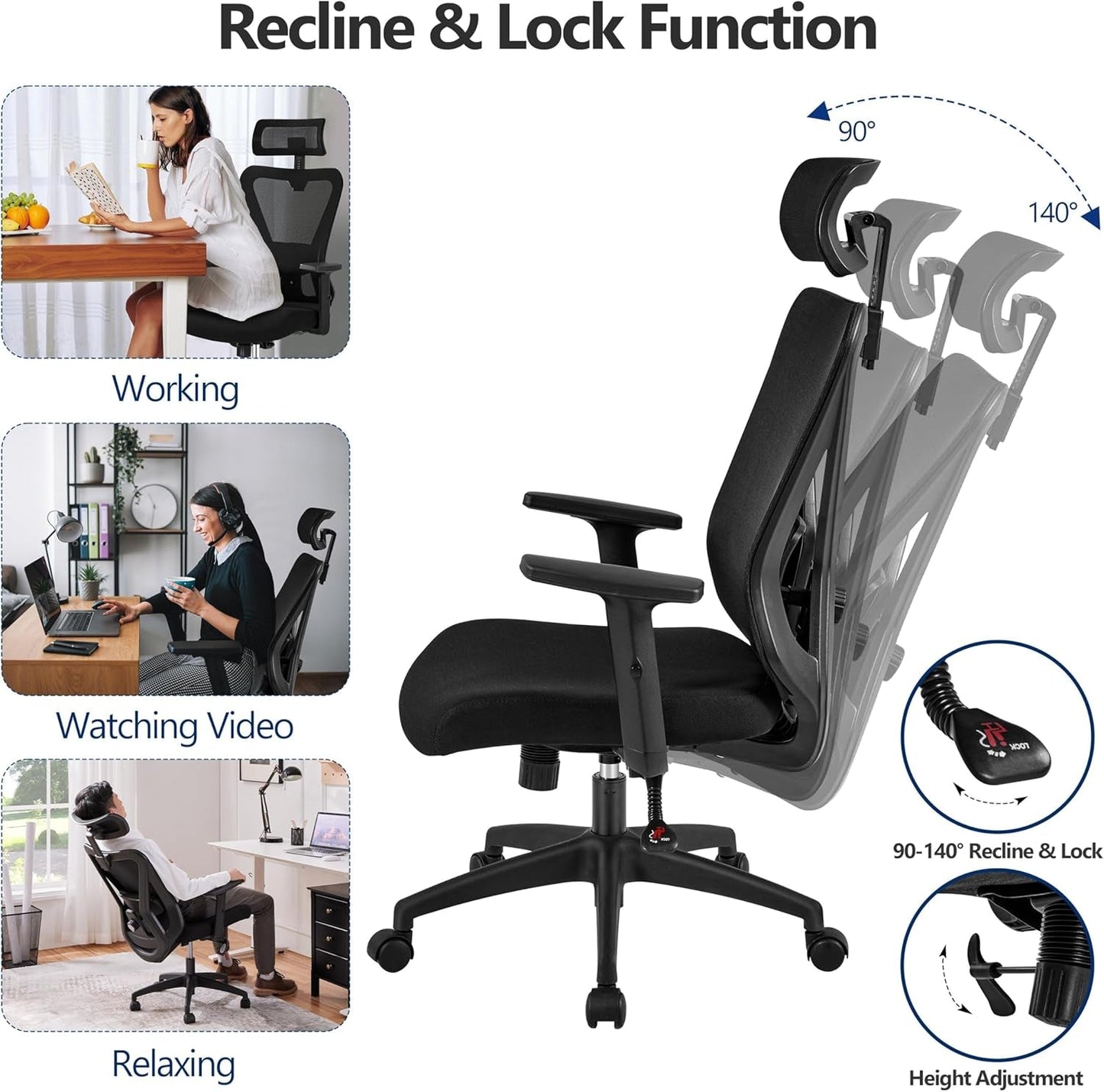Ergonomic Office Chair Desk Chair High Back Mesh Computer Chair Study Chair with Lumbar Support Adjustable Armrest, Backrest and Headrest for Home Office Working Black-4