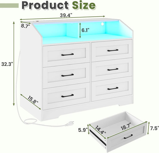 White Dresser for Bedroom with LED Lights and Charging Station, Modern Wood 6 Drawers Storage Tower Clothes Organizer, Large Capacity Chest of Drawers Storage Cabinet for Bedroom, Living Room-1