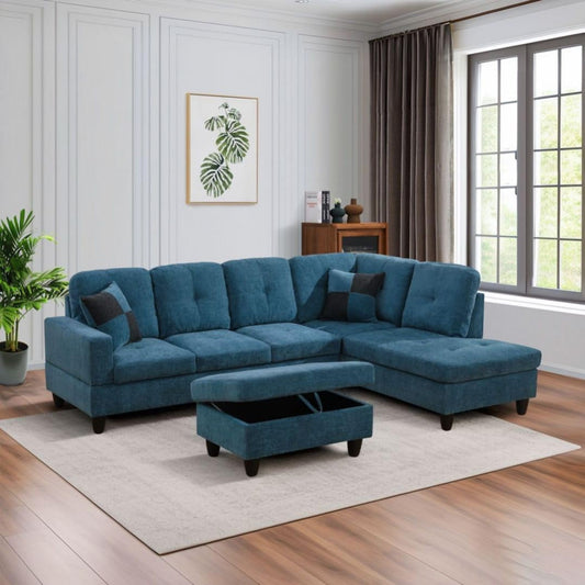 L-Shaped 3-Piece Flannel Sofa with Storage Ottoman Set, Sectional Couch Sofa Set for Living Room, Office, Small Space, Blue-1