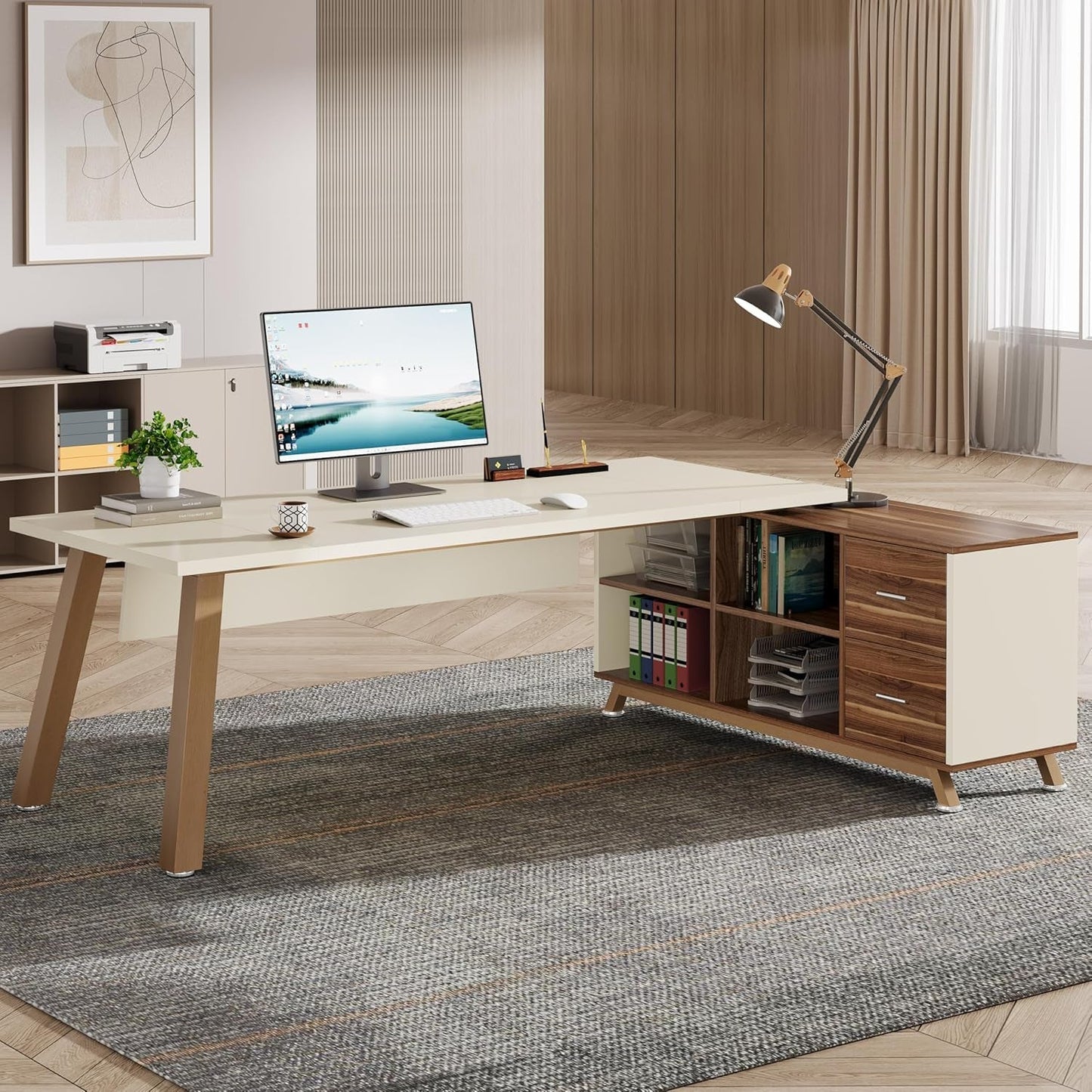 71-Inch Executive Desk, L-Shaped Desk with 55-Inch Cabinet, Large Office Desk with Storage Shelves, Modern Computer Desk for Home Office, Walnut & White-4