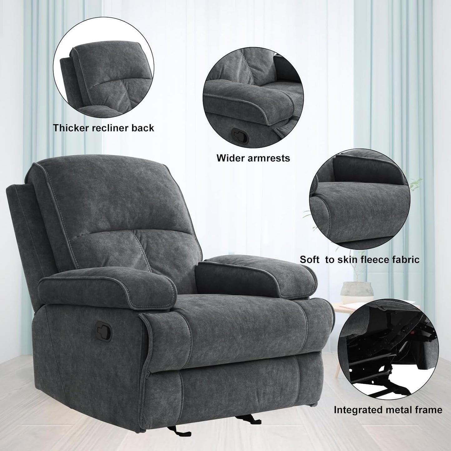 Rocker Recliner Chair for Adults, Manual Glider Chair for Nursery, Reclining Single Sofa Chair for Living Room, Upholstered Fabric Armchair, High Back, Deep Seat, Dark Grey-4