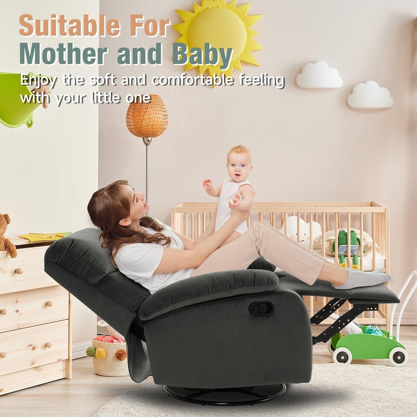 Swivel Rocker Recliner for Adults, Rocking Small Recliner Chair for Small Spaces, Small Rocker Recliner Chair for Living Room, RV, Nursery, Bedroom, Grey-1