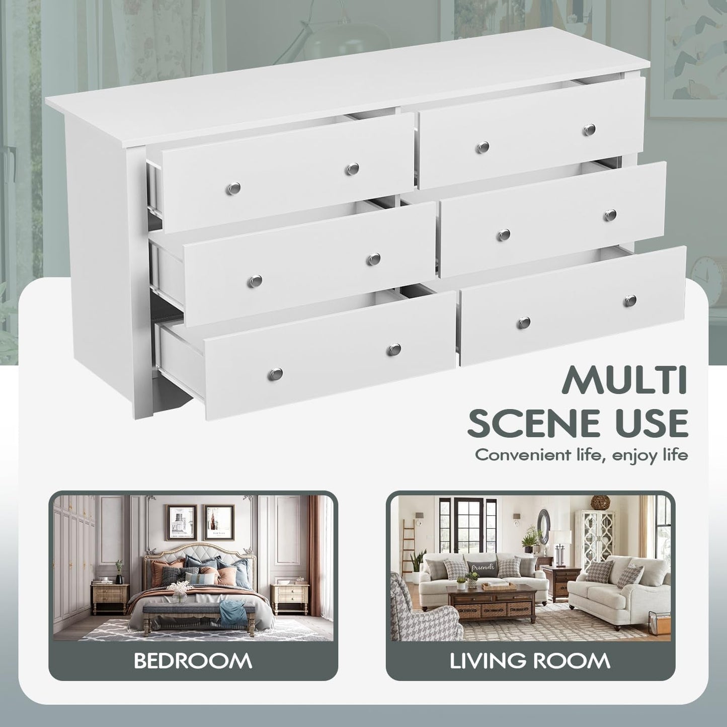 Dresser with 6 Drawer, Wood Wide Chest Storage Organizer and TV Stand for Living Room, Hallway, Dormitory, White-4