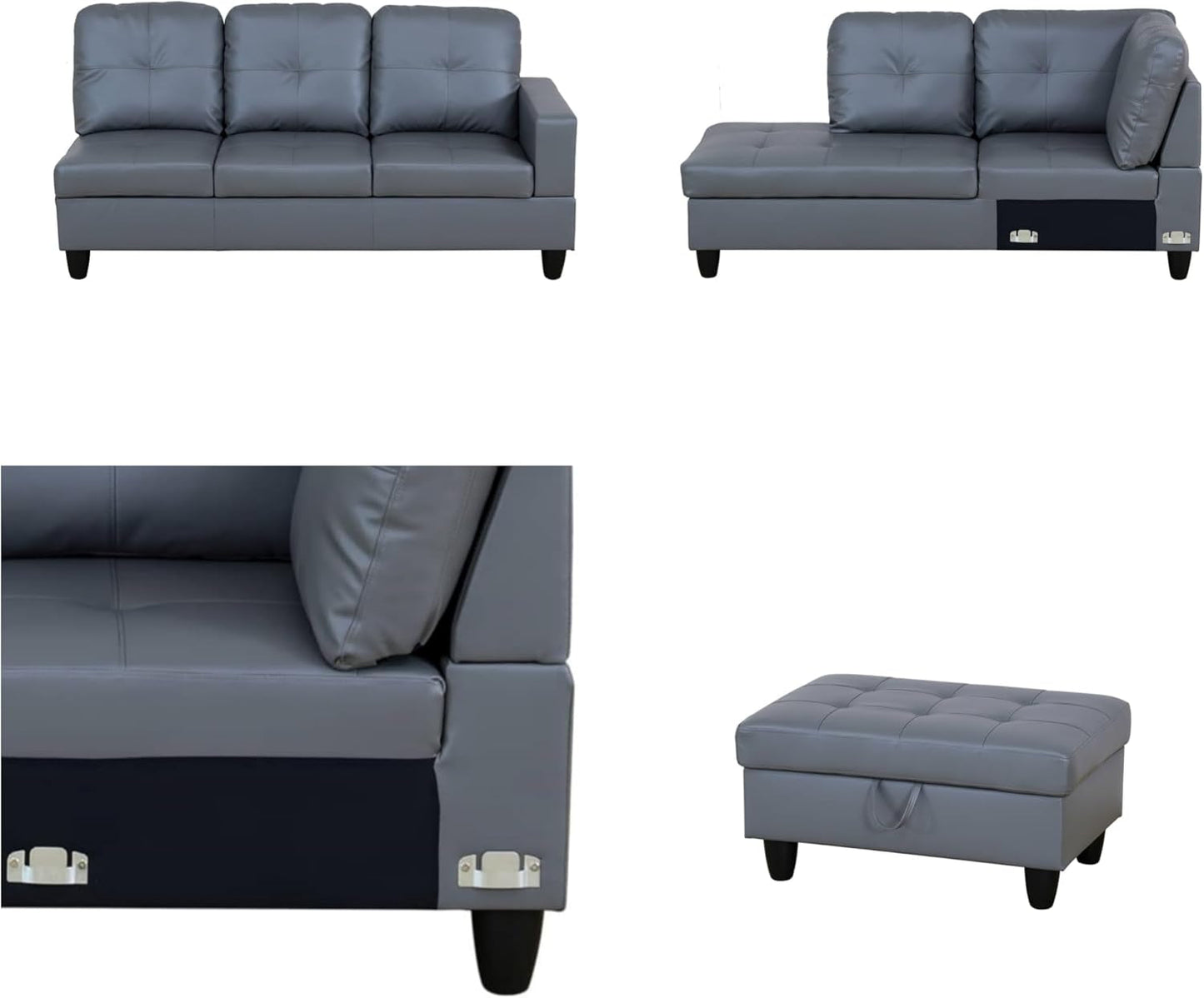 L Shaped Sectional Couches, Modern Convertible Lounge Leather Couch with Ottoman Storage, Comfy Modular Sectional Sofa for Living Room Furniture Sets, Small Spaces, Dark Grey-4