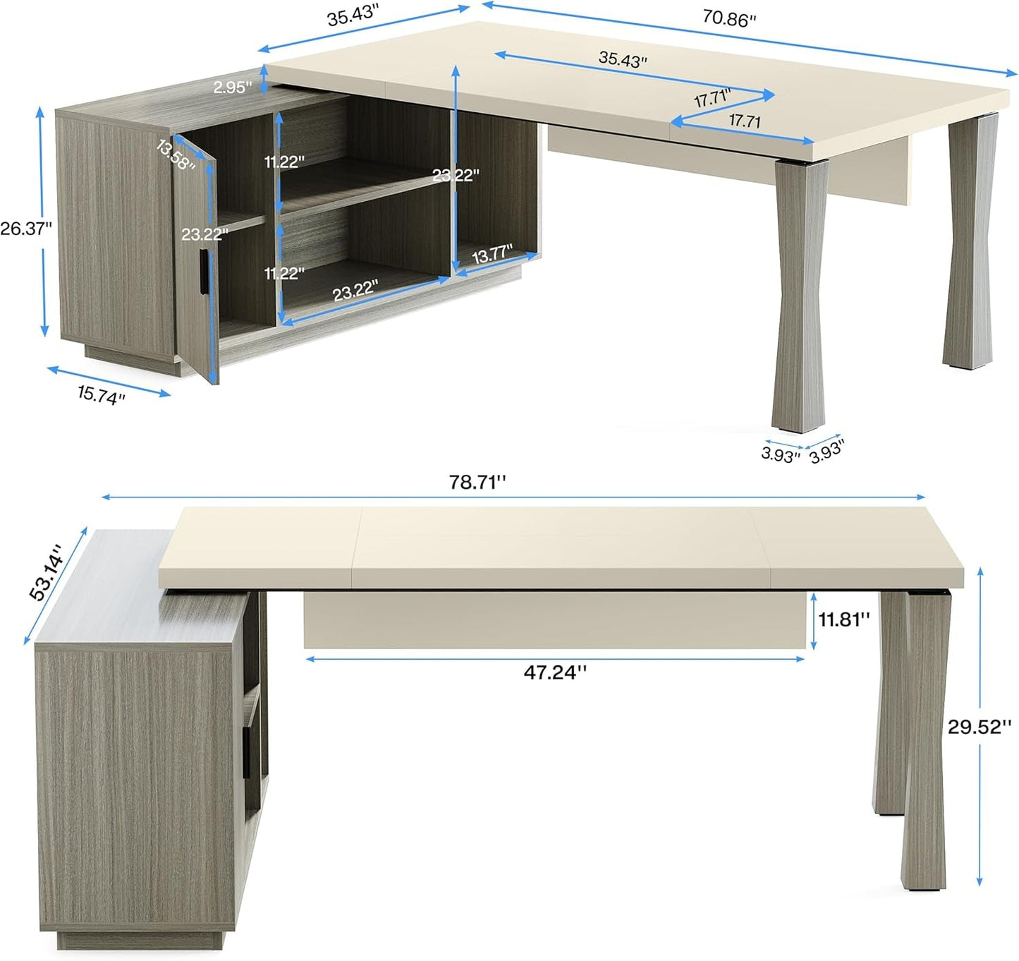 78.7-Inch Executive Desk, L-Shaped Desk with Cabinet, Large Office Desk with Storage Shelves, Writing Table Desk Business Furniture Set for Home Office, Gray and Cream White-1