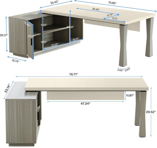 78.7-Inch Executive Desk, L-Shaped Desk with Cabinet, Large Office Desk with Storage Shelves, Writing Table Desk Business Furniture Set for Home Office, Gray and Cream White-1