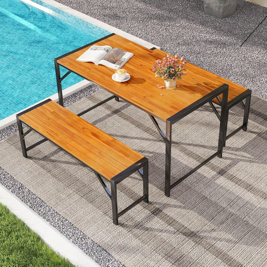 3 Pieces Patio Dining Set for 6 People, Outdoor Picnic Table & 2 Benches, 53” Acacia Wood Dining Table W/Metal Frame, Space-Saving Dinette Set for Garden Porch Poolside Yard Balcony-1