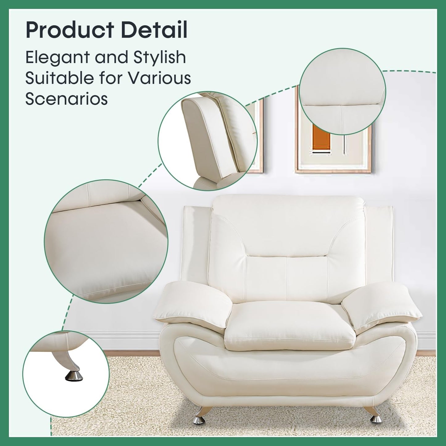 Leather Sofa Set,Leather Sofa Set for Living Room Furniture Sets, Loveseat Sofa with Chair 3-Piece for Living Room/Office/Apartment(White)-4