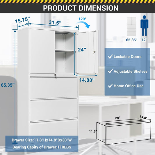 3 Drawers Metal Lateral File Cabinet with Lockable Drawer and Dorrs - White Large Steel Filing Cabinet for Home Office Hanging Files Letter/Legal/F4/A4 Size-1