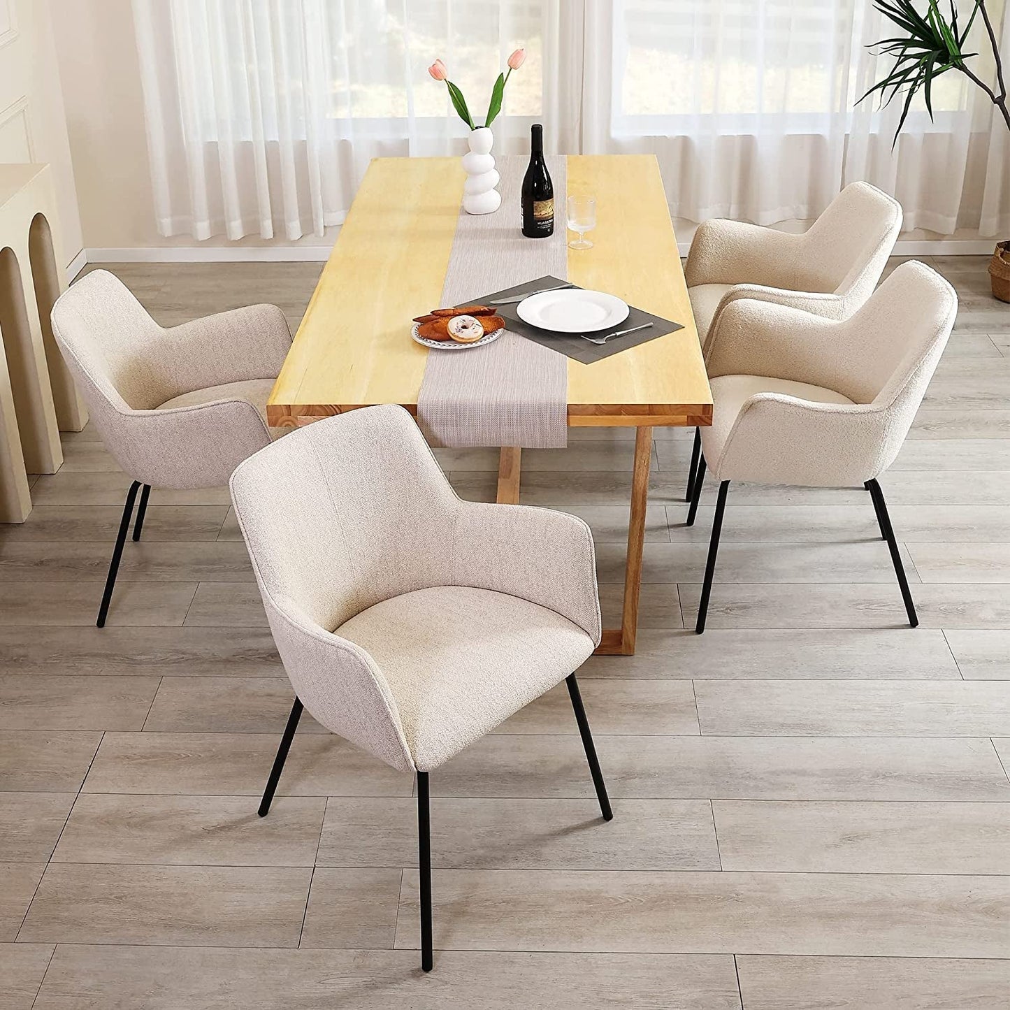 Beige Arm Chairs with Metal Legs Set of 2-0