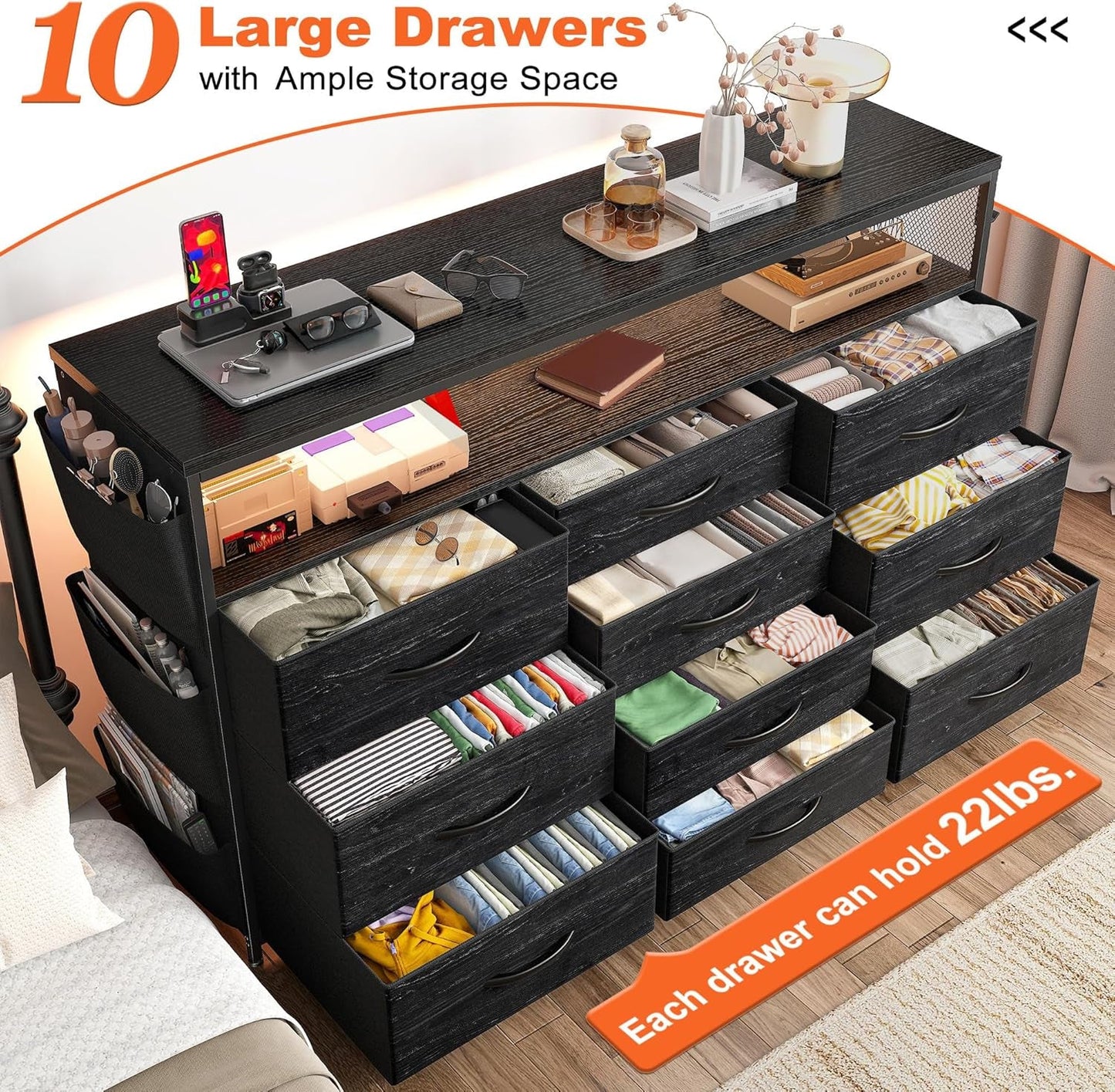 Dresser TV Stand with 10 Drawers for 55" TV Stand for Bedroom with LED Lights & Power Outlets Wide Dresser for Bedroom with Shelves & Side Pockets Sturdy Metal Frame & Wood Top, Charcoal Black-3