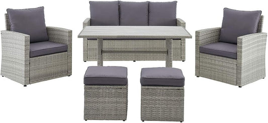 6 Pieces Patio Dining Sets Outdoor Space Saving Rattan Chairs with Table Patio Furniture Sets Cushioned Seating and Back Sectional Conversation Set (Grey)-1