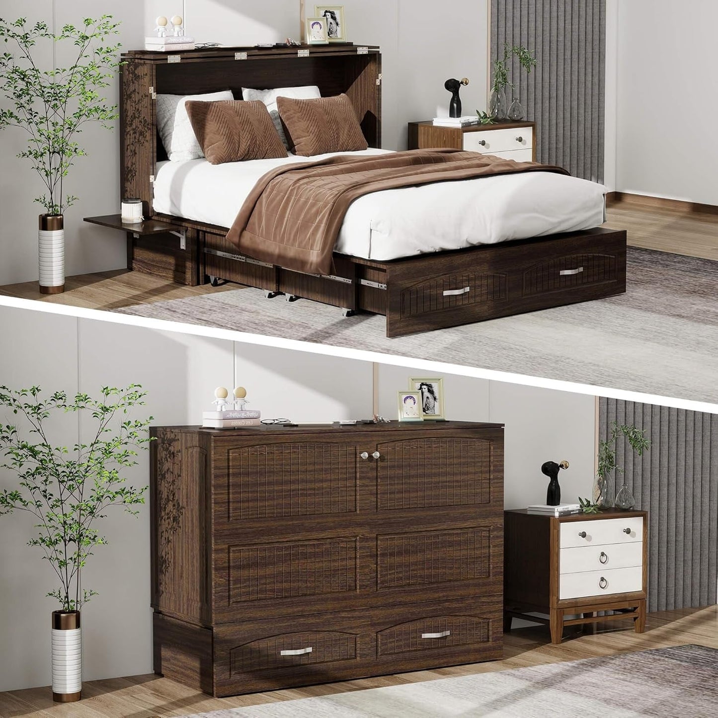 Queen Murphy Bed Cabinet with Charging Station and Storage-0