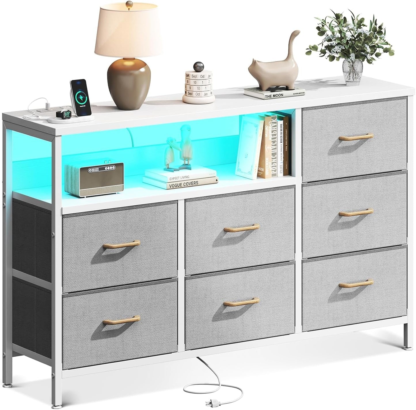 Dresser with LED Lights and Charging Station, 52-Inch Long Dresser for Bedoom with 7 Large Storage Drawers, Fabric Dresser TV Stand with Open Shelves, Light Grey-0