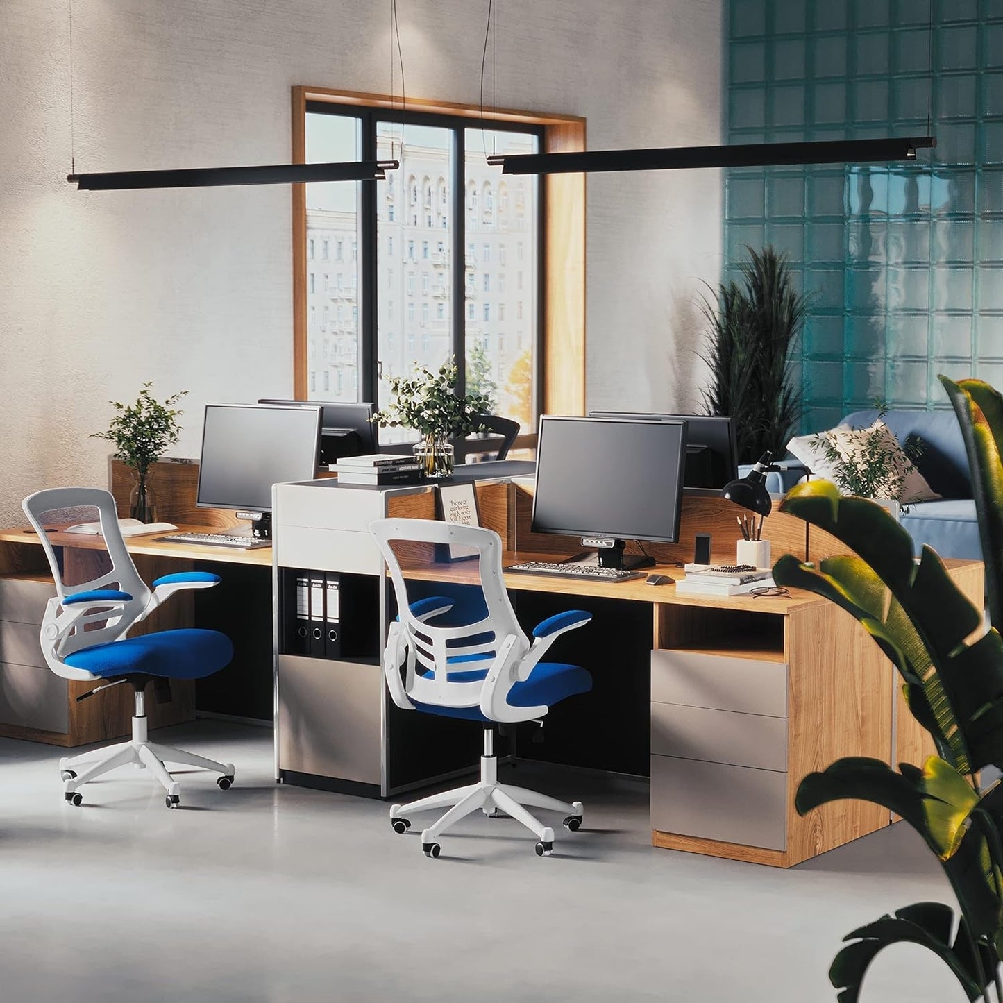 Kelista Office Chair, Ergonomic, Mid-Back, White Frame, Blue Mesh with Swivel-4