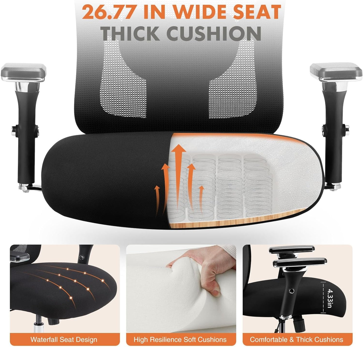 Big and Tall Office Desk Chair with Lumbar Support, 500Lbs Heavy Duty Mesh Ergonomic Computer Chair with Arm and Wide Comfy Seat, Wheels for Adult-4