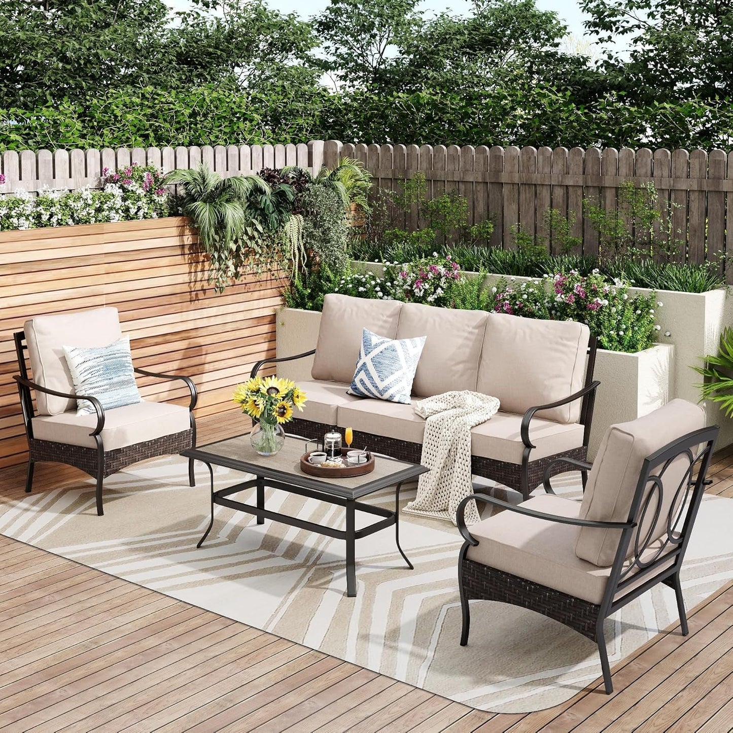 Outdoor Modern Patio Furniture Set, Upgraded Wicker&Metal Patio Furniture Conversation Set with Waterproof Thick Cushions for Porch, Poolside, Deck, and Yard (4 Pieces,Beige)-0