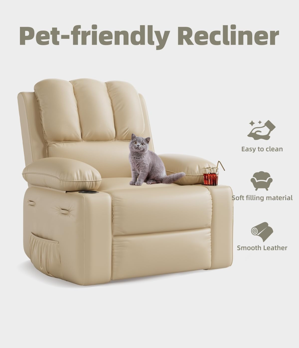 Oversized 27" Recliner Chairs with Heat and Massage - 360° Swivel Lazy Recliner Chair for Adults- Manual Rocking Chair with Cup Holder for Living Rooms, Bedrooms and Nurseries - Creamy-4