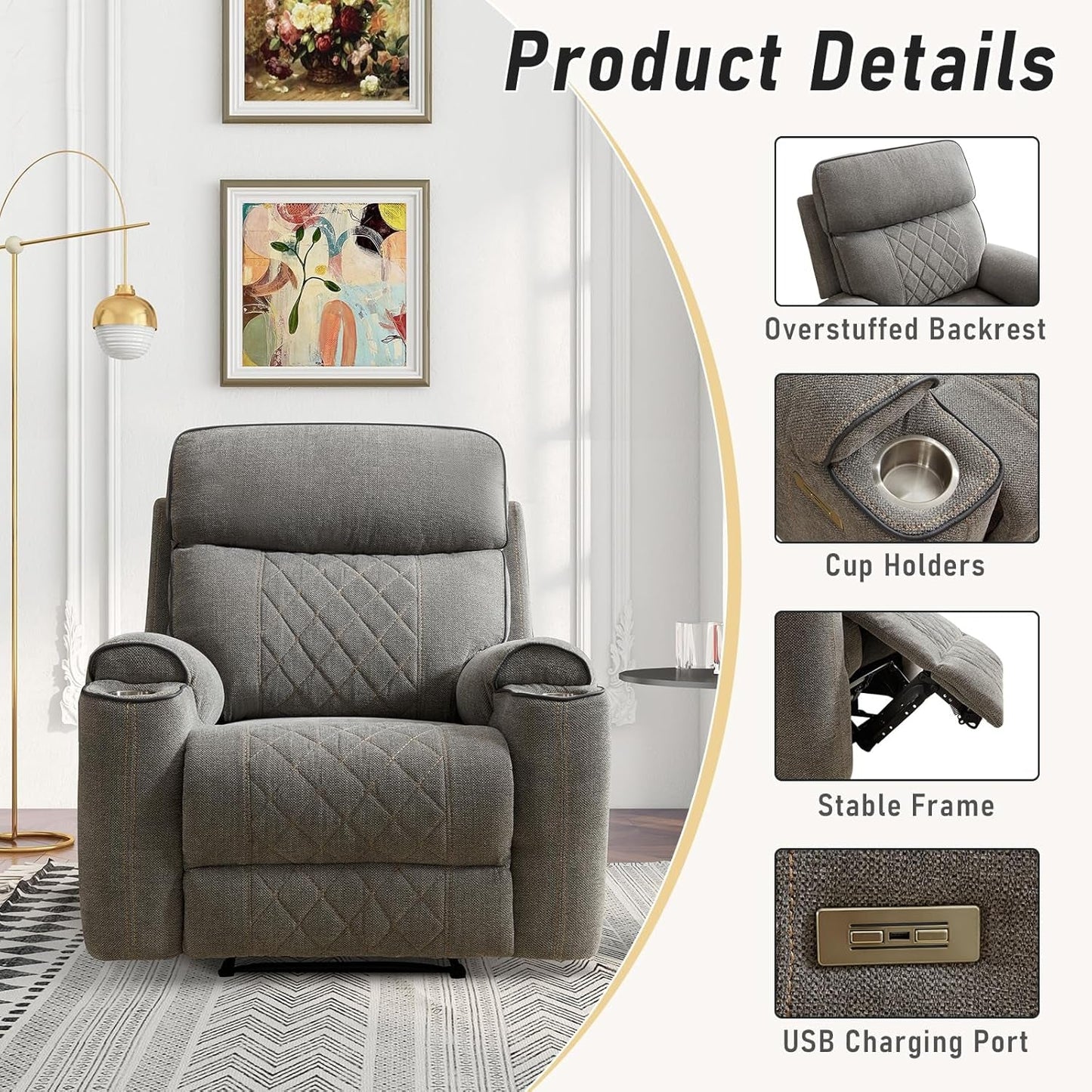 Electric Recliner Chair, Soft Fabric Power Recliners with Metal Cup Holders, Single Overstuffed Heavy Duty Reclining Sofa Chairs for Living Room Bedroom-3