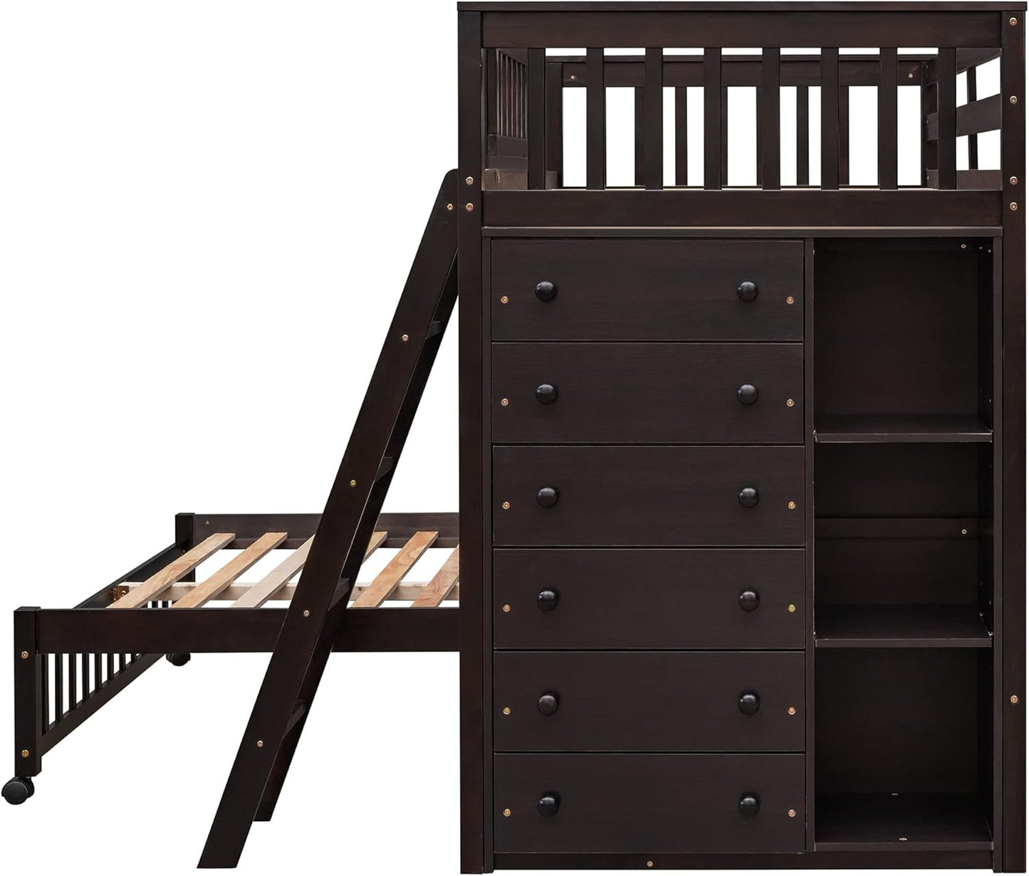 Twin over Full Bunk Bed with Storage, Solid Wood Bunk Bed with 6 Drawers and 3 Flexible Shelves, Twin Loft Bed with Movable Lower Bed, Bottom Bed with Wheels, for Kids Teens Adults (Espresso)-4