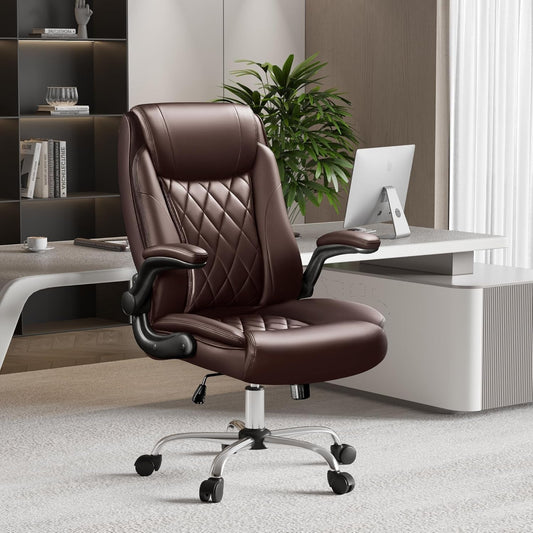 Executive Office Chair, Ergonomic High Back with Adjustable Flip-Up Armrest, Swivel Leather-Papped Seats with Lumbar Support, Brown-1