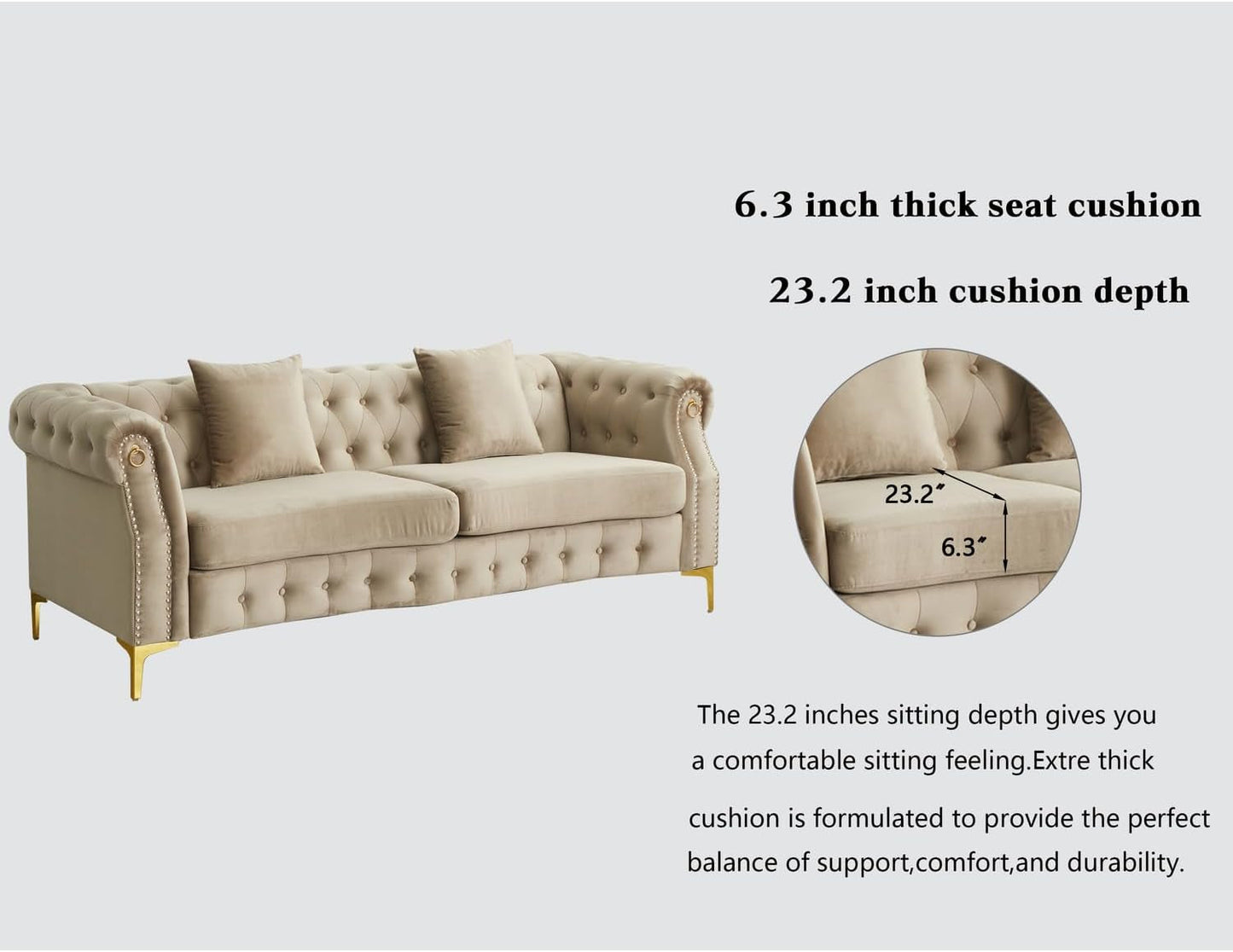 3 Piece Living Room Set, Mid-Century Style Sofa,Button Tufted Armchair Loveseat Couch with Square Pillows and Nailhead Trim for Living Room Beige-4