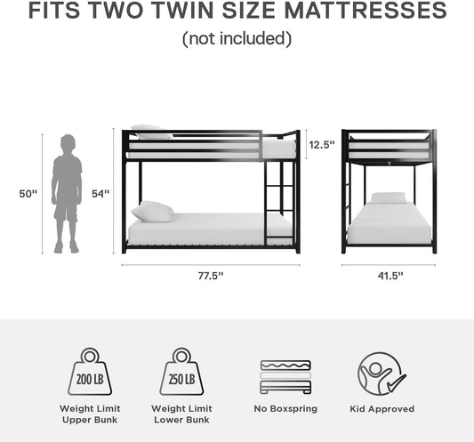 Miles Low Metal Bunk Bed Frame for Kids, with Built-In Ladder, High Guardrail and Metal Slats, Floor Bed Bottom Bunk, No Boxspring Required, for Small Spaces, Twin-Over-Twin, Black-1