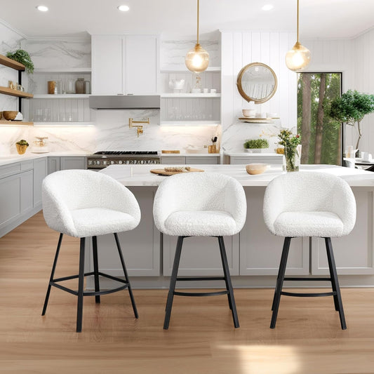 26'' Swivel Counter Stools, Modern Bar Stools for Kitchen Counter, White Sherpa Kitchen Counter Stools, Upholstered Barstools with Backs, Counter Height Stool Chairs with Metal Legs-1
