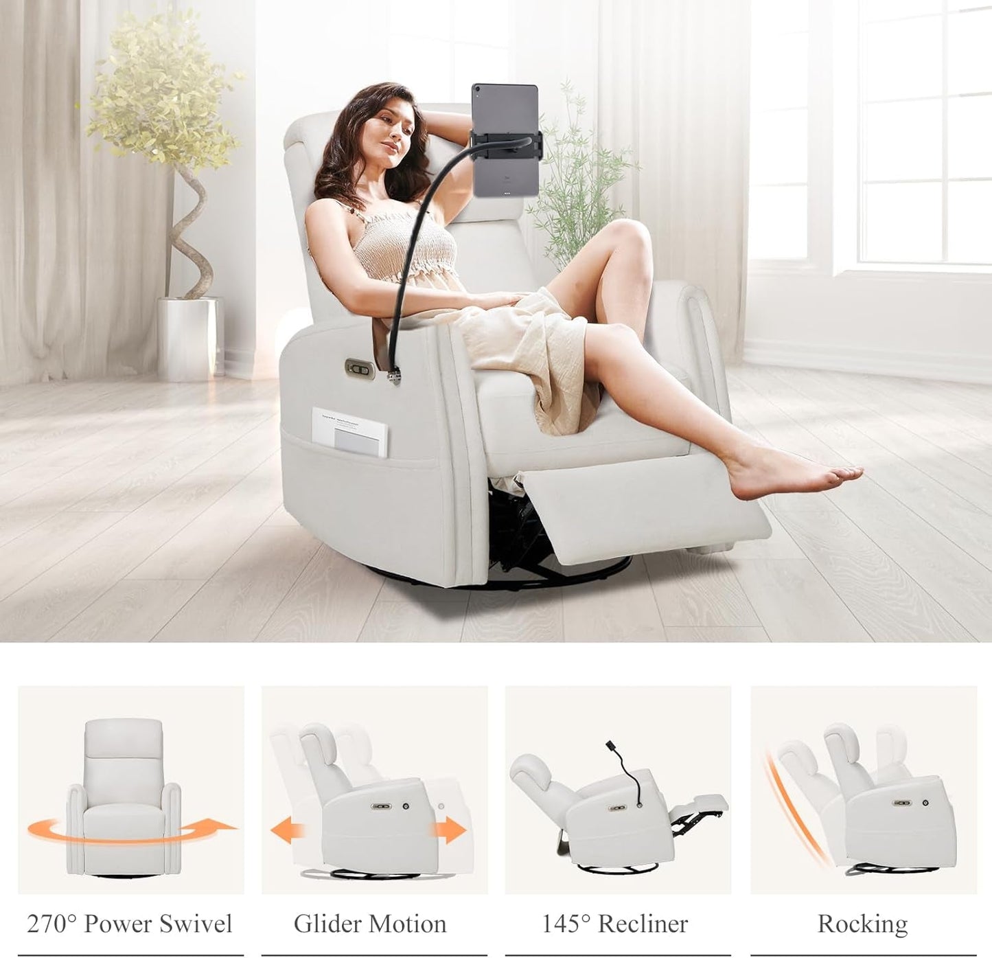 Power Recliner Chairs Swivel Glider Rocker for Nursery, Upholstered Fabric Living Room Rocking Reclining Single Sofa Chair with 2 Device Holders, White, Set of 2-2