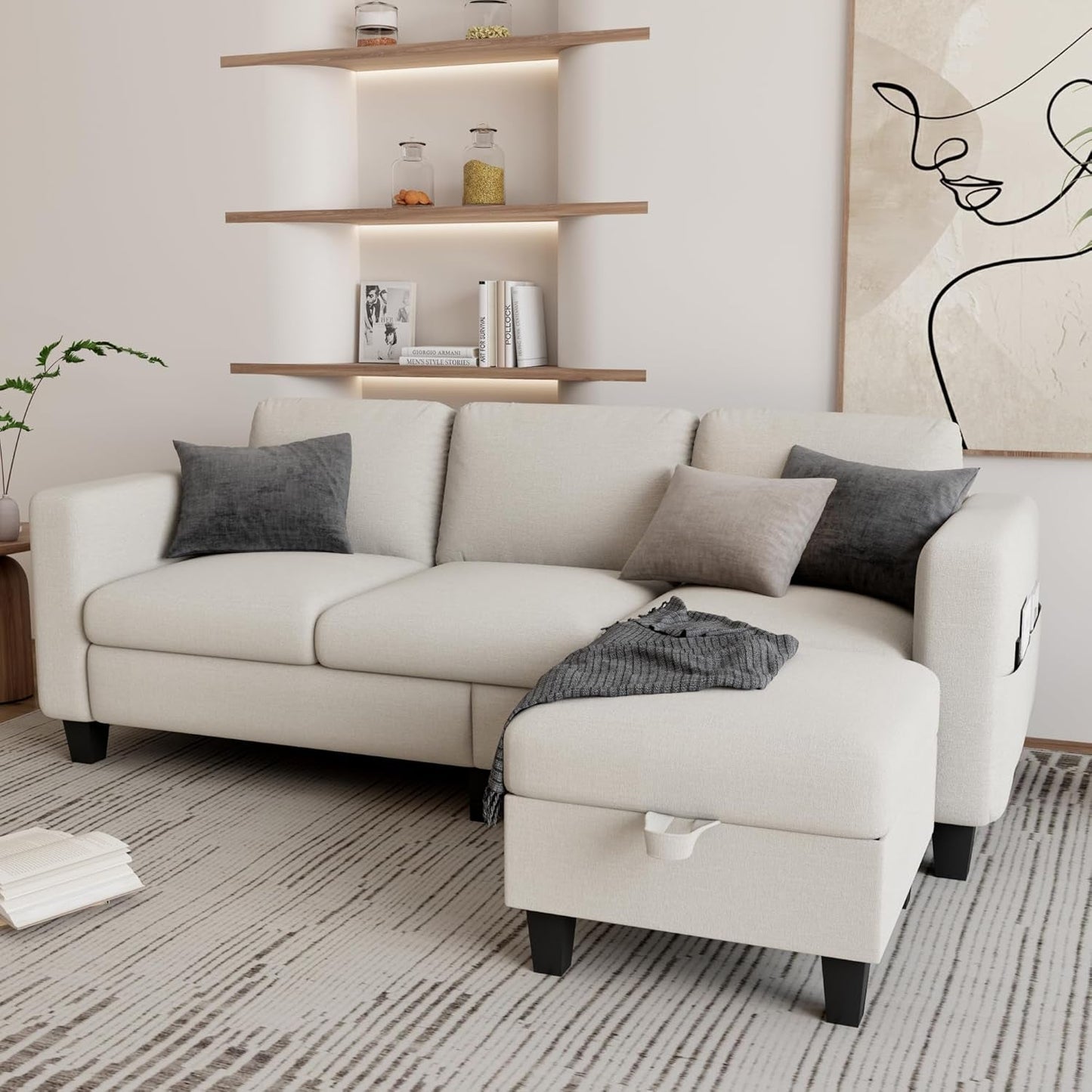 Couch for Living Room - Small Space Couches Sectional L-Shaped Sofa, 3 Seat Modern Couch, Sofas Convertible with Storage Ottoman for Small Space, Bedroom, Offices and Apartments - Beige-2