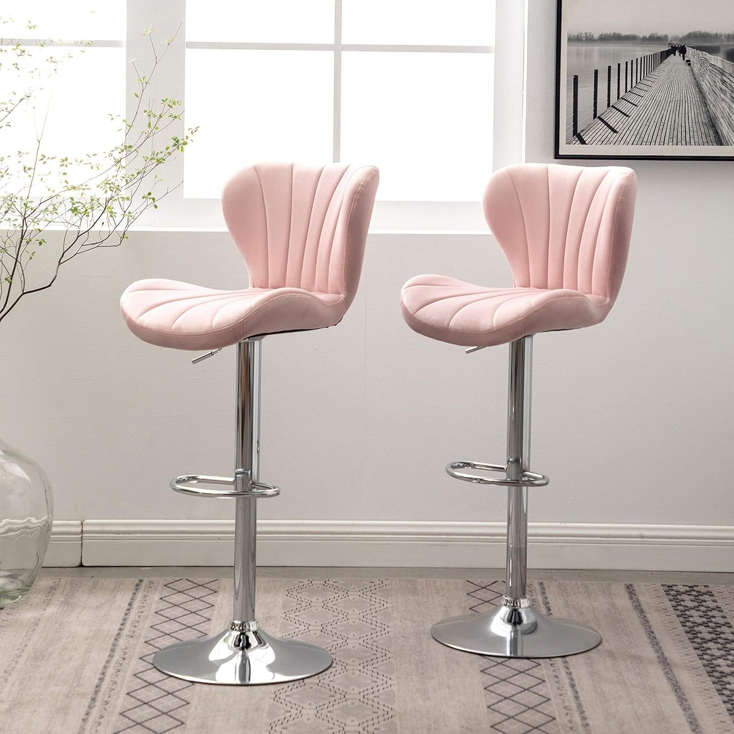Ellston Velvet Adjustable Swivel Barstools in Pink, Set of 2-3