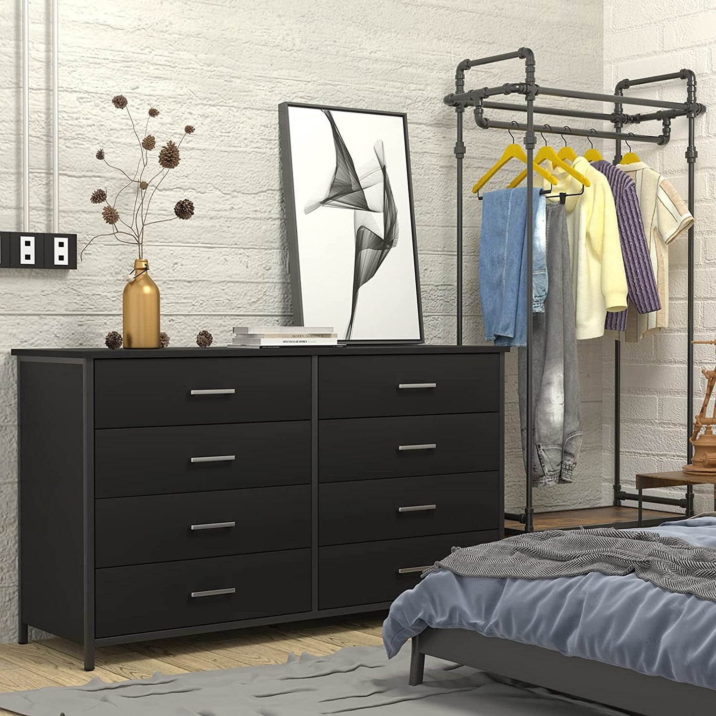 Black Wood 8-Drawer Double Dresser with Steel Frame-4