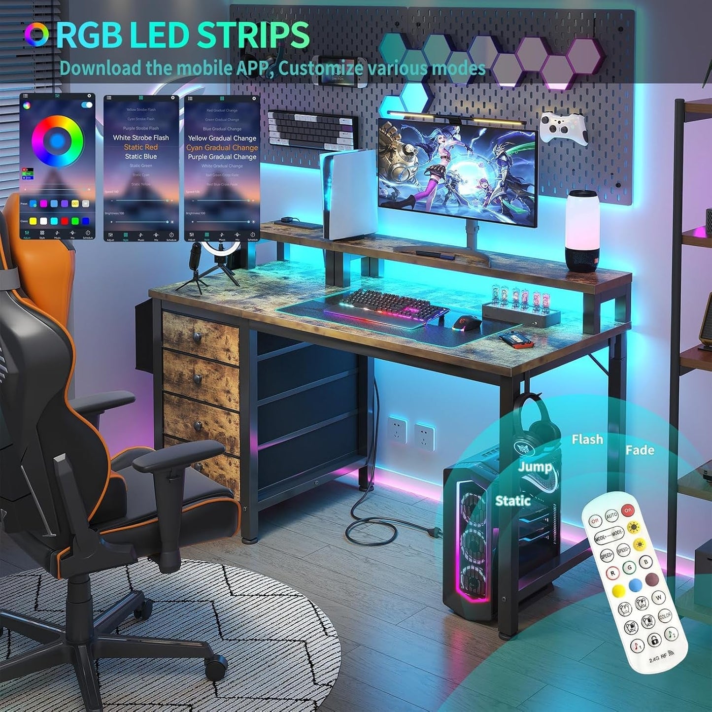 Computer Desk with Fabric Drawers, 47 Inch Home Office Desk with Monitor Stand, Gaming Desk with LED Lights and Power Outlets, Rustic Brown-3