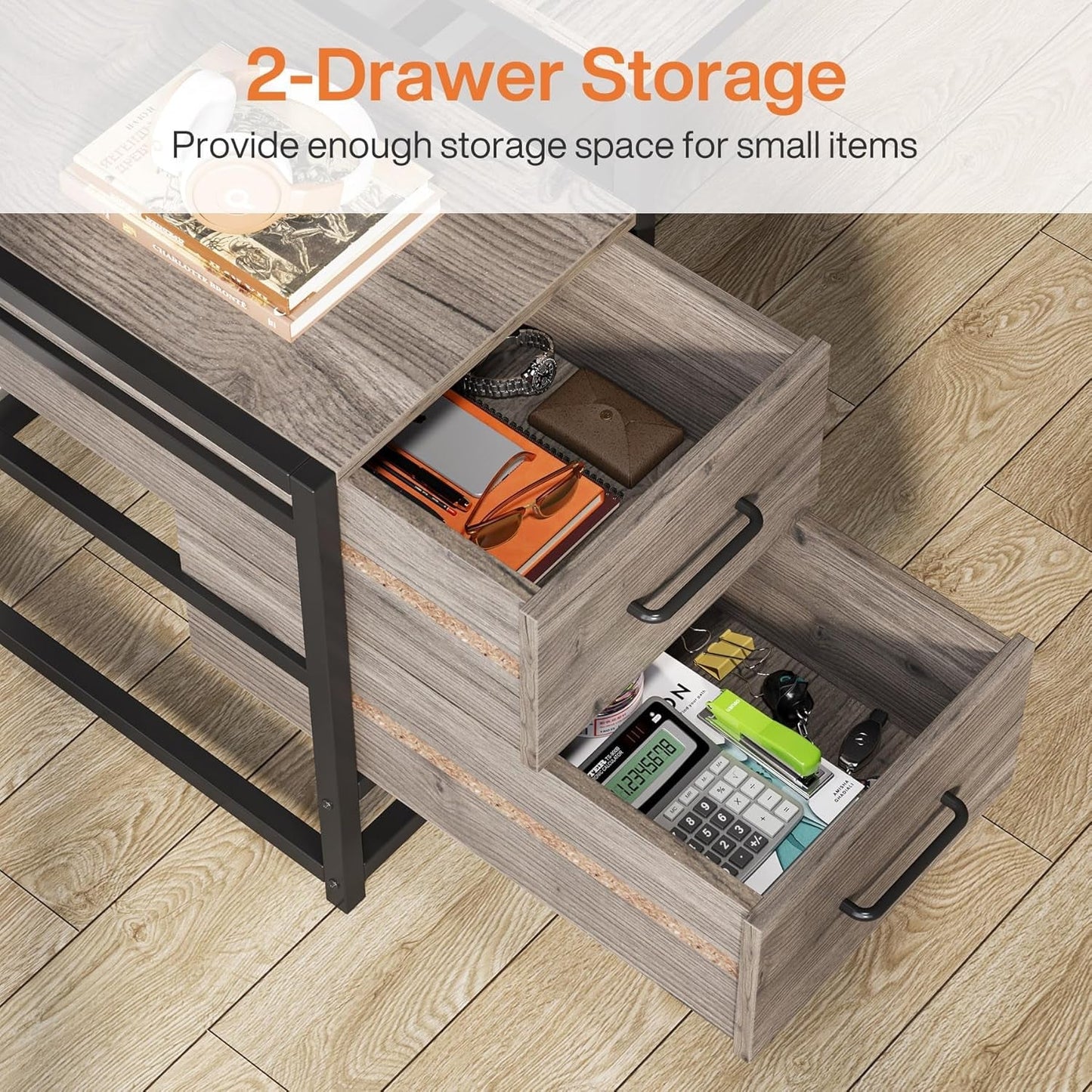 55 Inch Computer Desk with 2 Drawers and Storage Shelves, Rustic Office Desk with Hutch, Study Writing Gaming Table Laptop Workstation for Home Office (Grey)-4