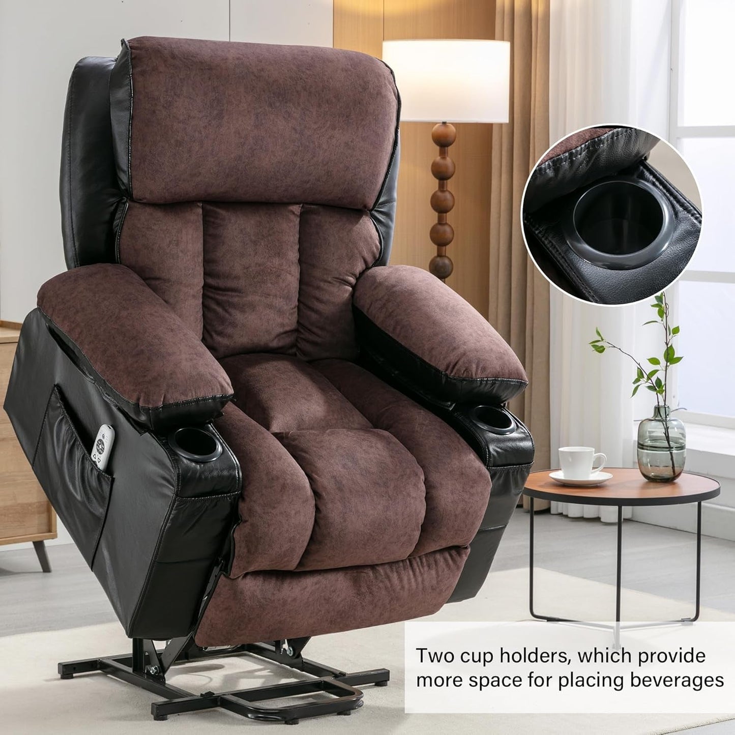XL23 Power Lift Recliner with Massage & Heat - Large Electric Chair for Elderly with USB Port, Cup Holders, Side Pockets - Living Room Bedroom Sofa(Black and Brown)-4