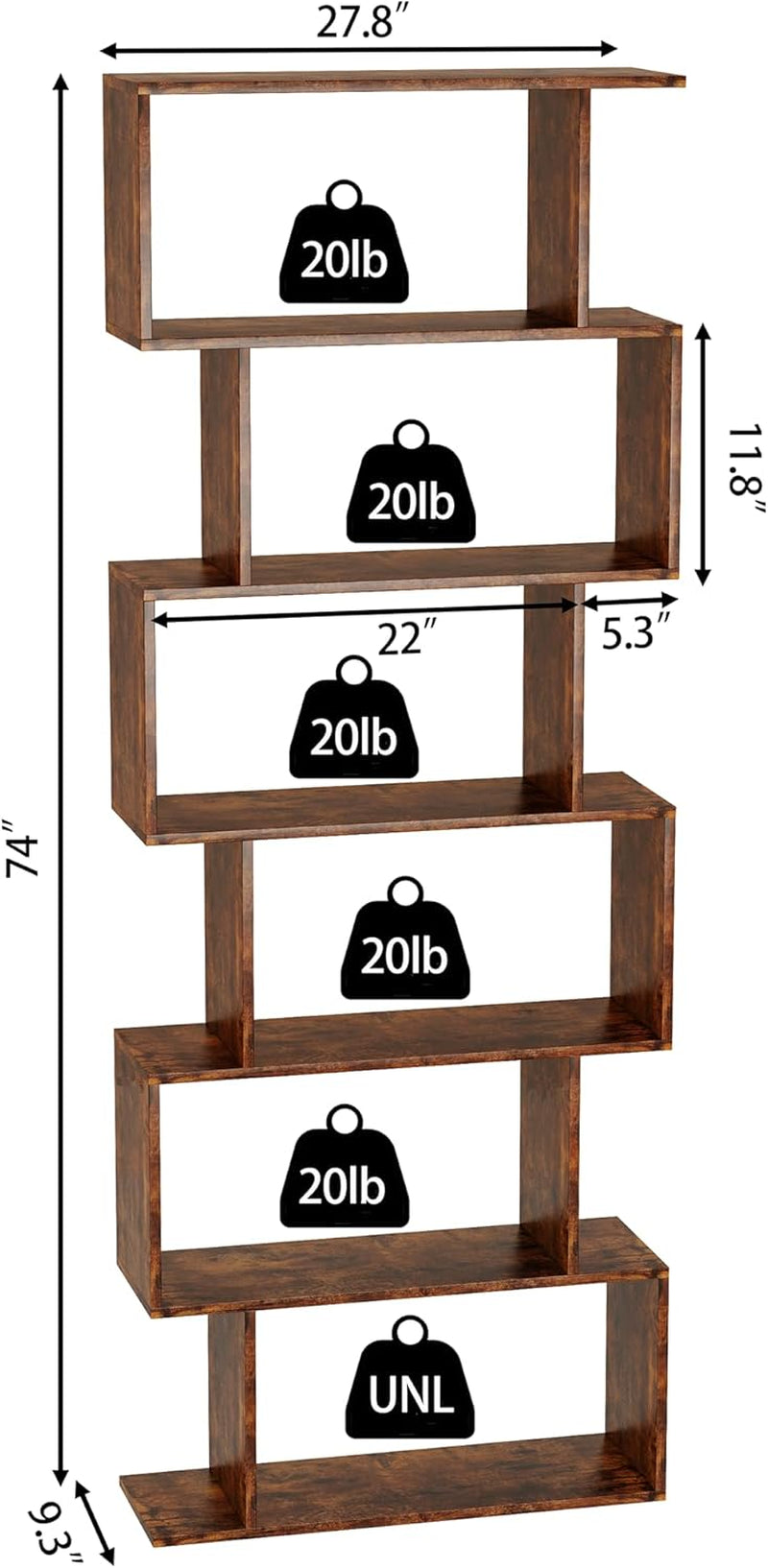 Geometric Bookcase, Bookshelf 6-Tier S Shaped Book Shelves for Bedroom, Modern Wood Decorative Display Shelf Tall Book Case for Home Office, Rustic Brown-2