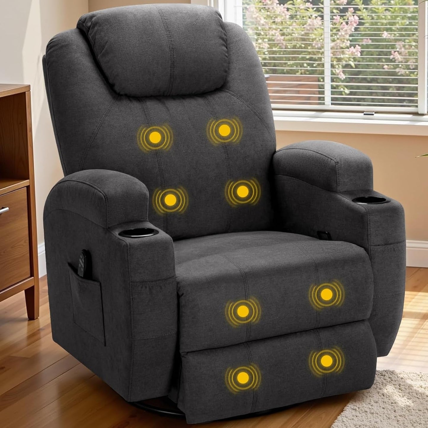 Recliner Chair,360° Swivel Rocker Chair for Adults, Rocking Recliner Chair with Massage, Comfy Single Sofa with Side Pockets Cup Holders for Living Room, Bedroom, Nursery (Fabric, Gray)-0