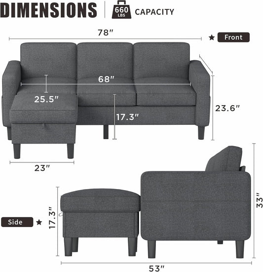 Sectional Sofa Couches for Living Room, Small Space Couch L-Shaped Sofa, 3 Seat Modern Sofas Convertible with Storage Ottoman for Small Space, Bedroom, Offices and Apartments, Dark Grey-1