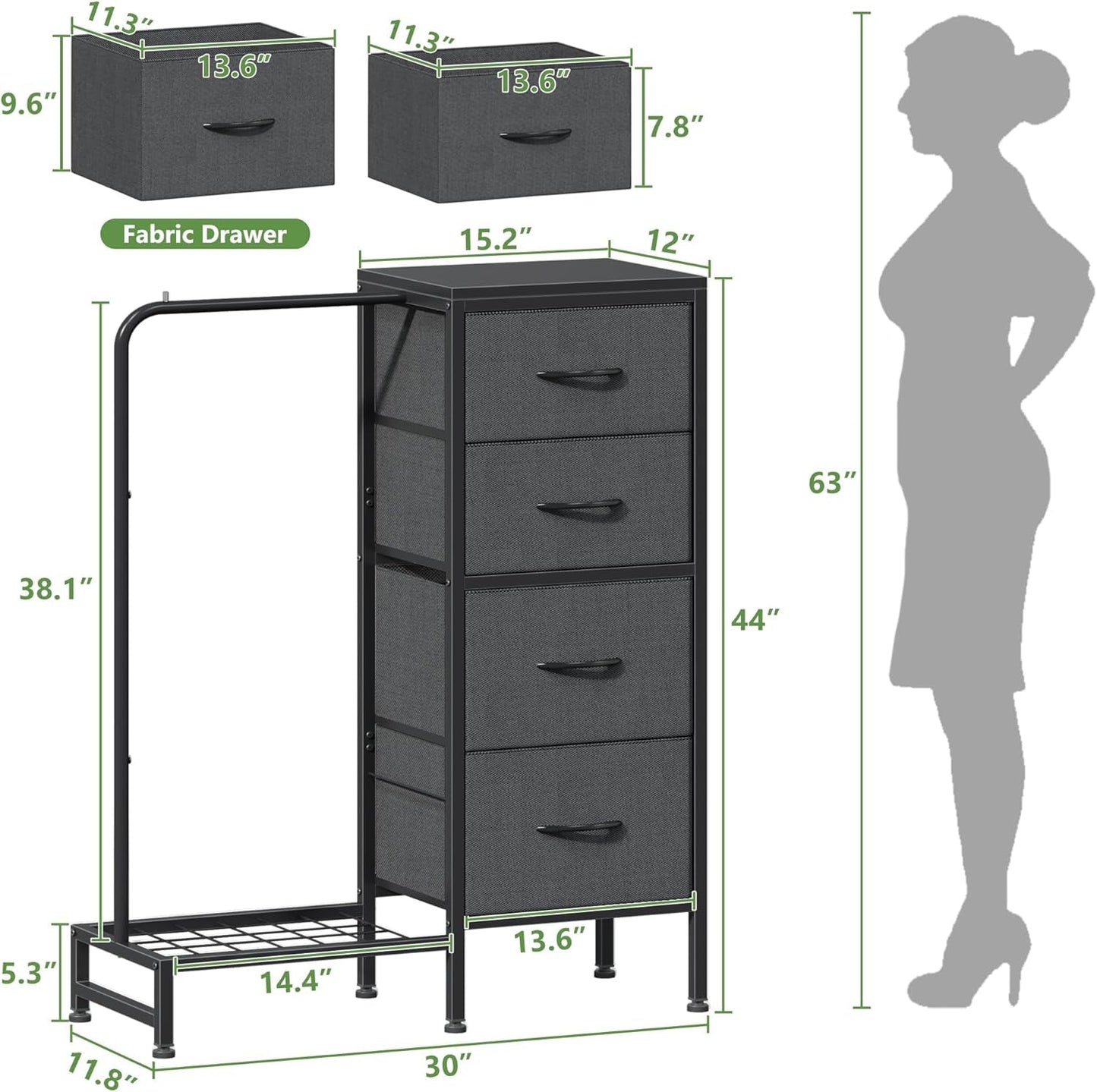 Dresser with Hanging Rack, 4 Drawers Small Dresser for Bedroom, Reversable Fabric Kids Dresser for Closet with Clothes Rack, Tall Chest of Drawers, Sturdy Frame, Grey, 44''H-2